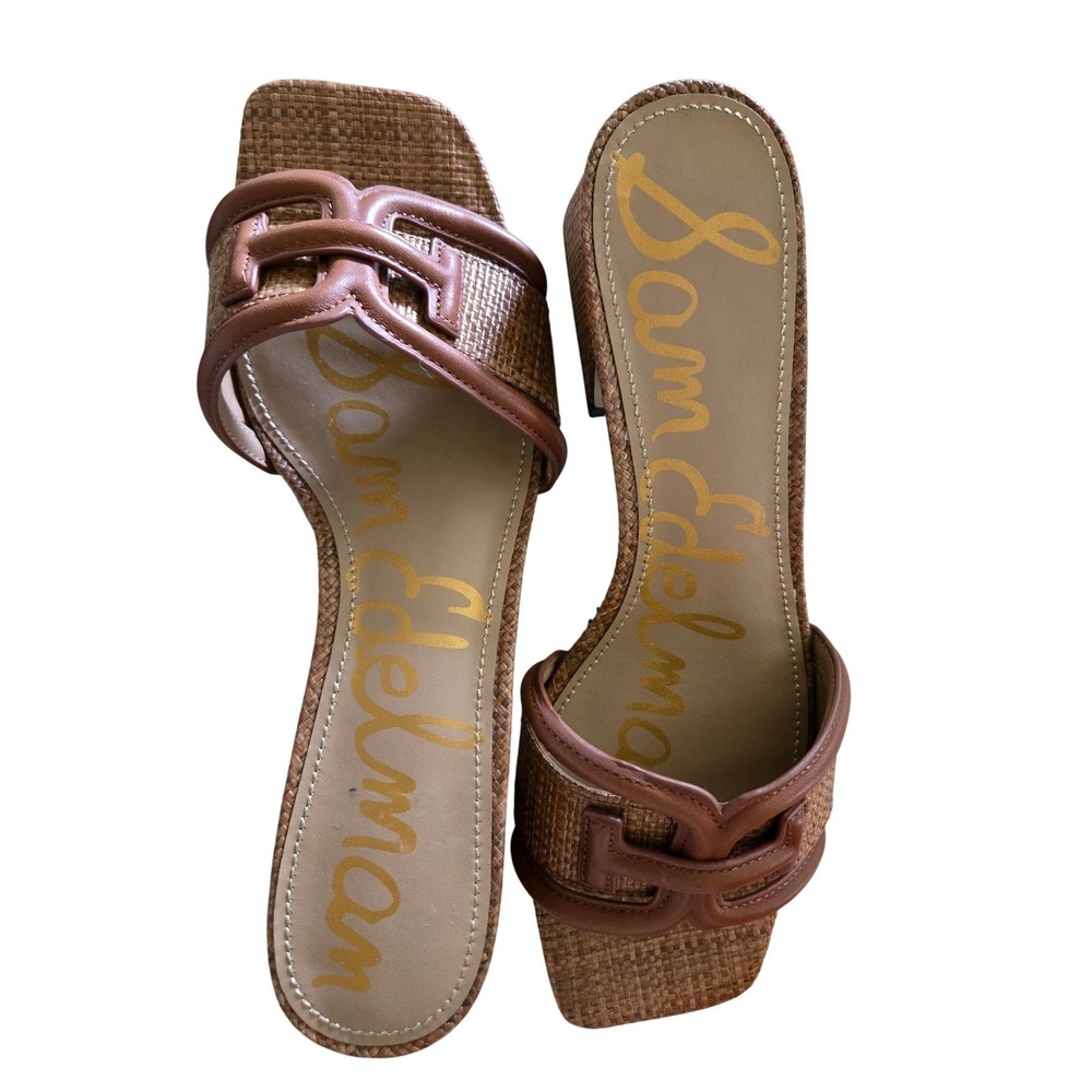 Sam Edelman Briar Mules Size 7.5 Brown New Woven Raffia Block Heel Sandals - Picture 1 of 7
